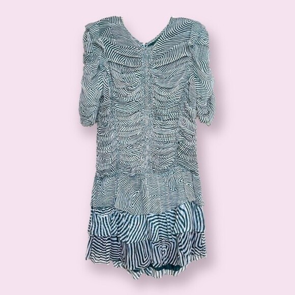 Isabel Marant Etoile Damia Ripple Print Ruched Tiered Silk Mini Dress Green 42 - Picture 2 of 11
